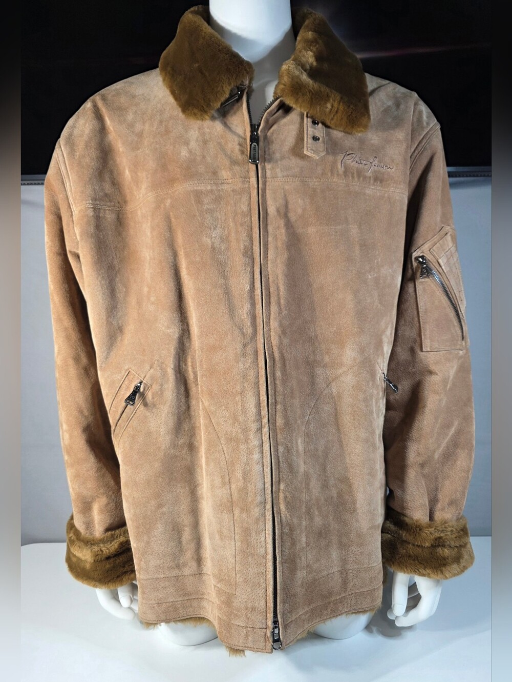 Phat Farm Vintage Suede Bomber Jacket with Faux Fur Trim Size 4XL